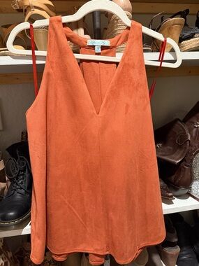 She and Sky Orange Suede-Look V-Neck Tank Top